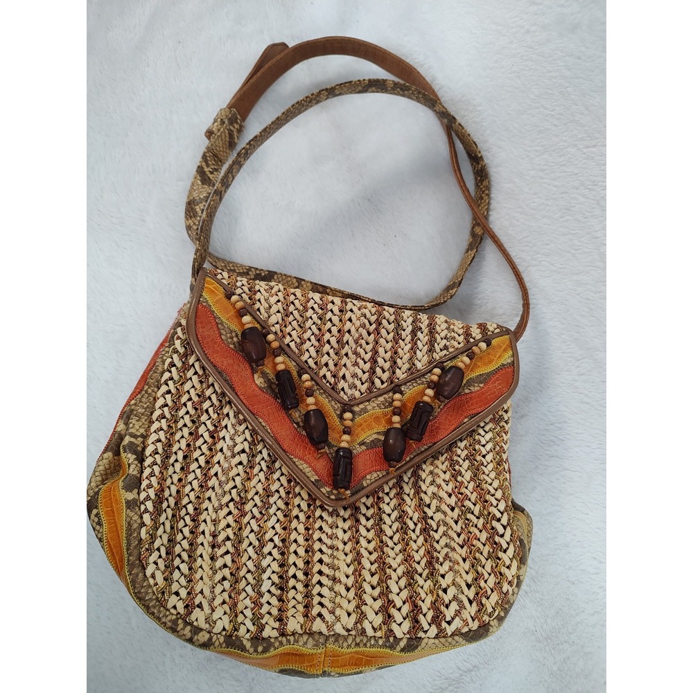 Sharif Vintage Woven Straw Snakeskin Leather Beaded Crossbody Bag Made in USA